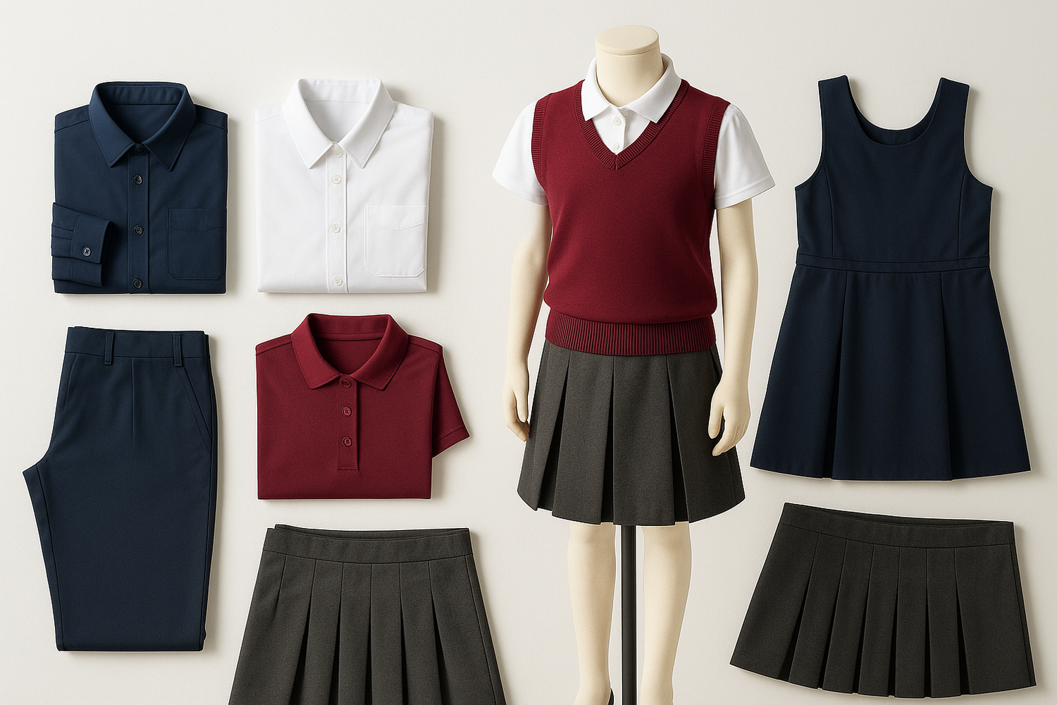 A bright, professional flat-lay and mannequin display of school uniforms, including neatly folded shirts, blouses, trousers, skirts, and dresses. The uniforms are in classic school colours such as navy, grey, white, and maroon. Soft natural lighting, clean white background, modern and minimal style. High resolution, sharp details, suitable for an e-commerce website hero banner.