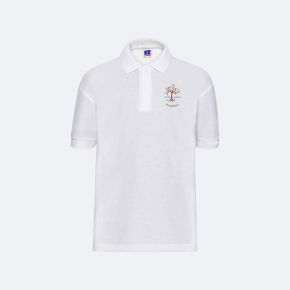 White polo shirt with a logo on a light gray background