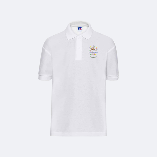 White polo shirt with a logo on a light gray background